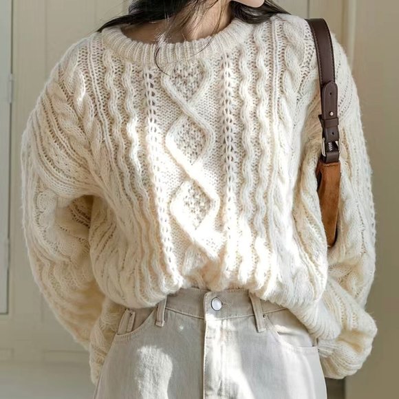 Women Pullover Sweater Large Apricot-Cream Knit Cable Round Neck Long Sleeve - Picture 3 of 9
